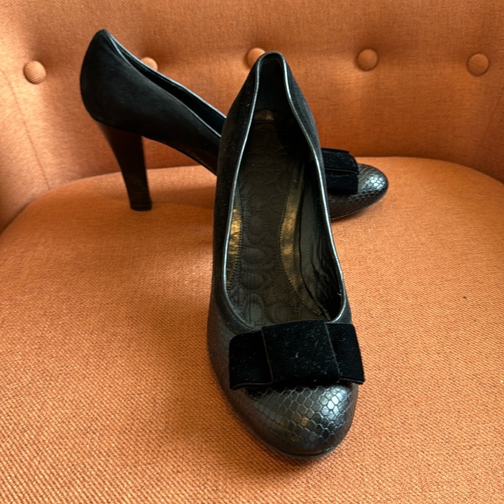 Coach, Black suede & snake embossed print with velvet bow,  pumps, size 9.5 B.